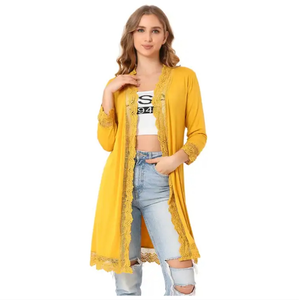 Mustard Yellow Tickled Teal Lace crochet open front cardigan sweater Small